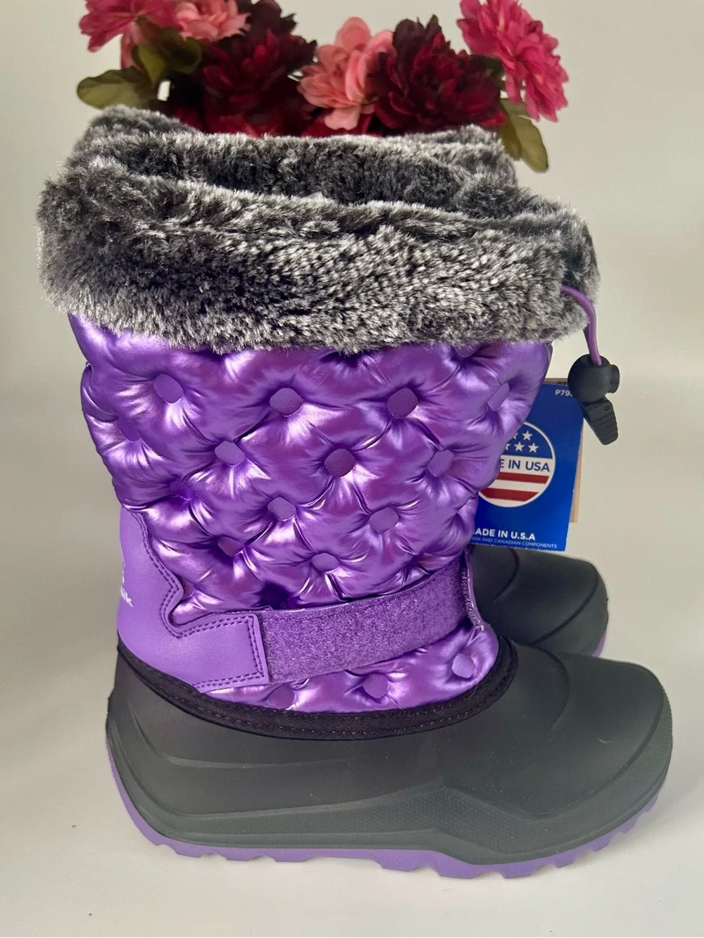 Kamik Purple Quilted Kids Waterproof Winter Boots with Faux Fur Cuff